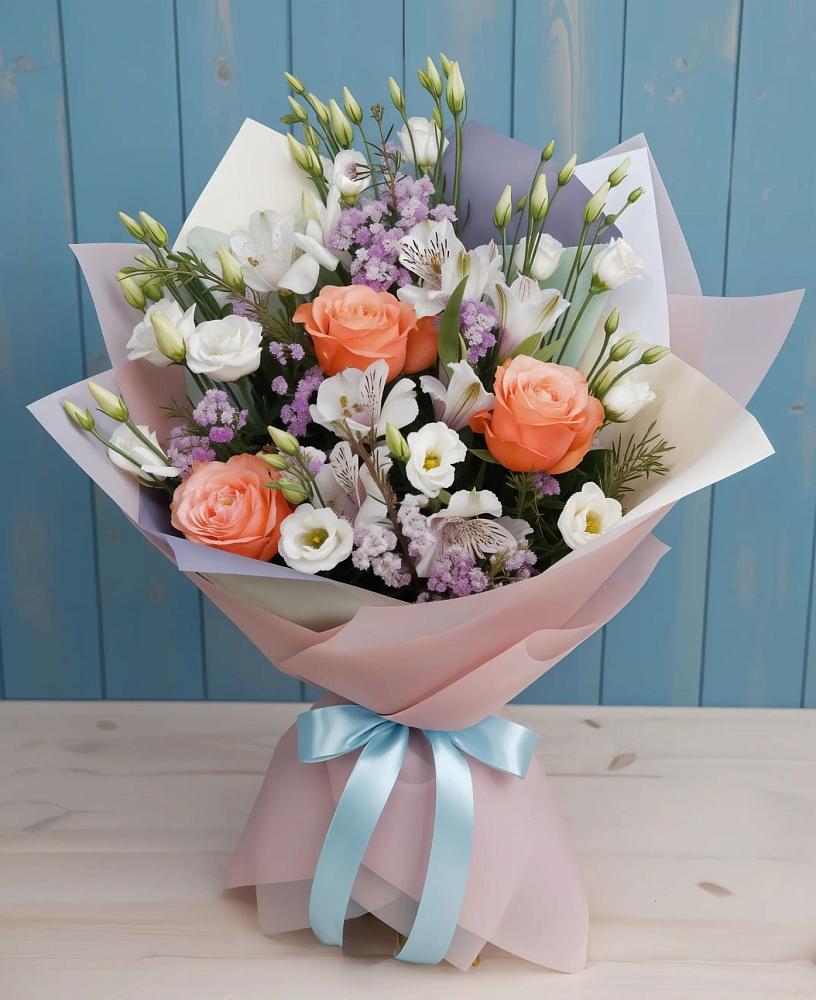 Букет цветов из: Лизиантусы, Розы, Альстромерии и Гипсофила в Пошехонье